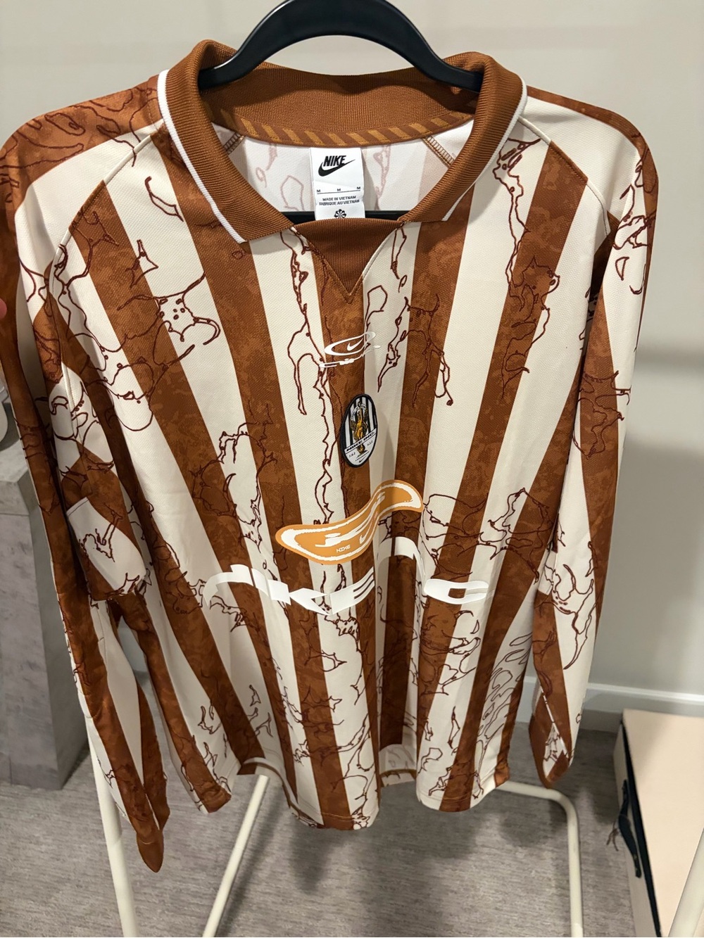Nike Men’s Striped Long-Sleeve Jersey Polo Shirt - Brown/White